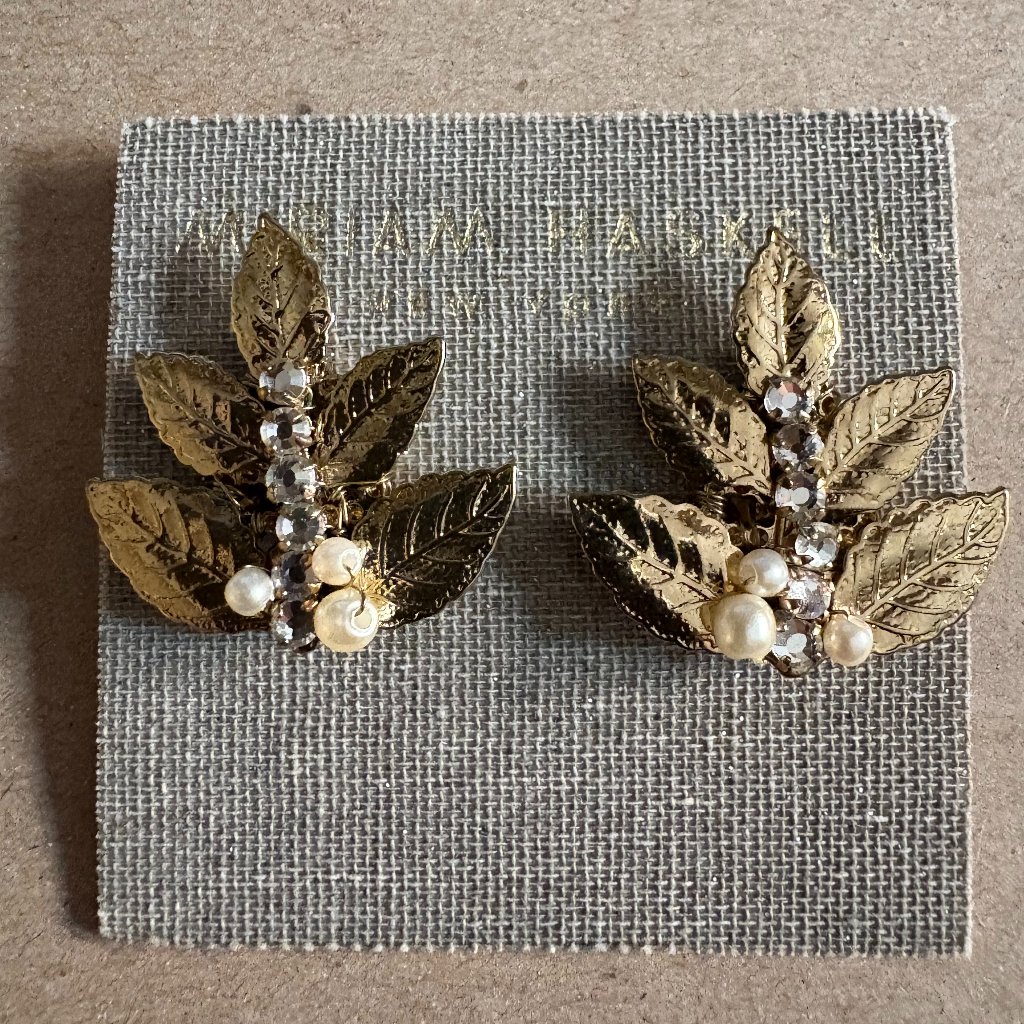 Nwt Miriam Haskell Signed 2019 Coral Group Leaf Earrings Gold Diamante Pearls 70$